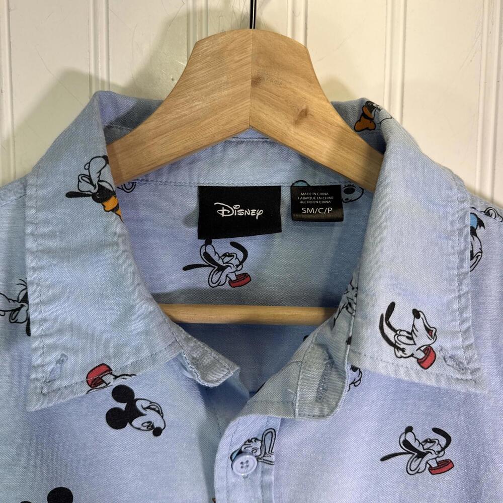 Disney Shirt Men’s S Blue All Over Print Mickey Mouse Button Down Donald Goofy - Picture 2 of 5